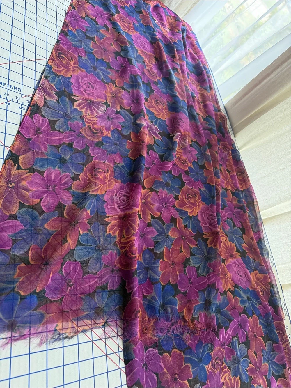 Vintage 90s Floral Chiffon Fabric 5.5 Yards Sheer Drapey Jewel Tone Floral